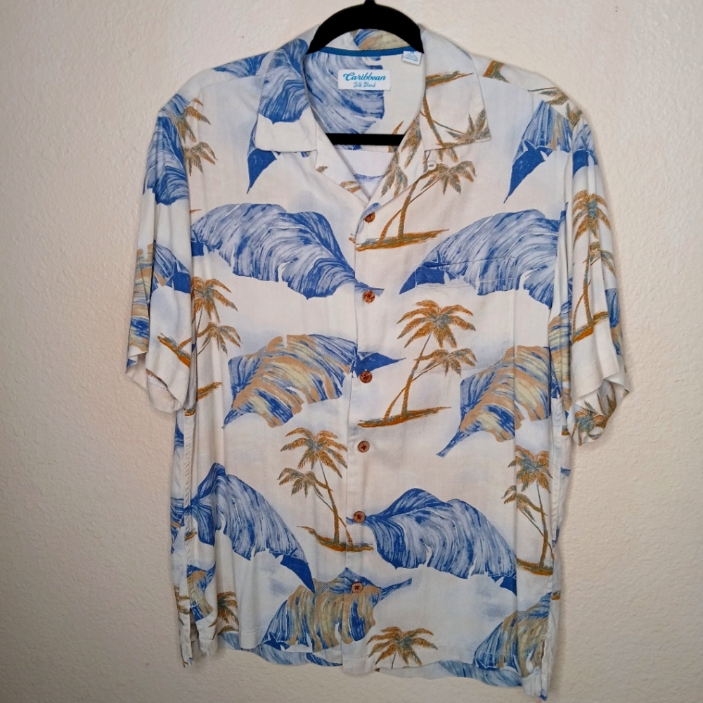 Caribbean Silk Blend Palm Print Short Sleeve Men's Shirt
